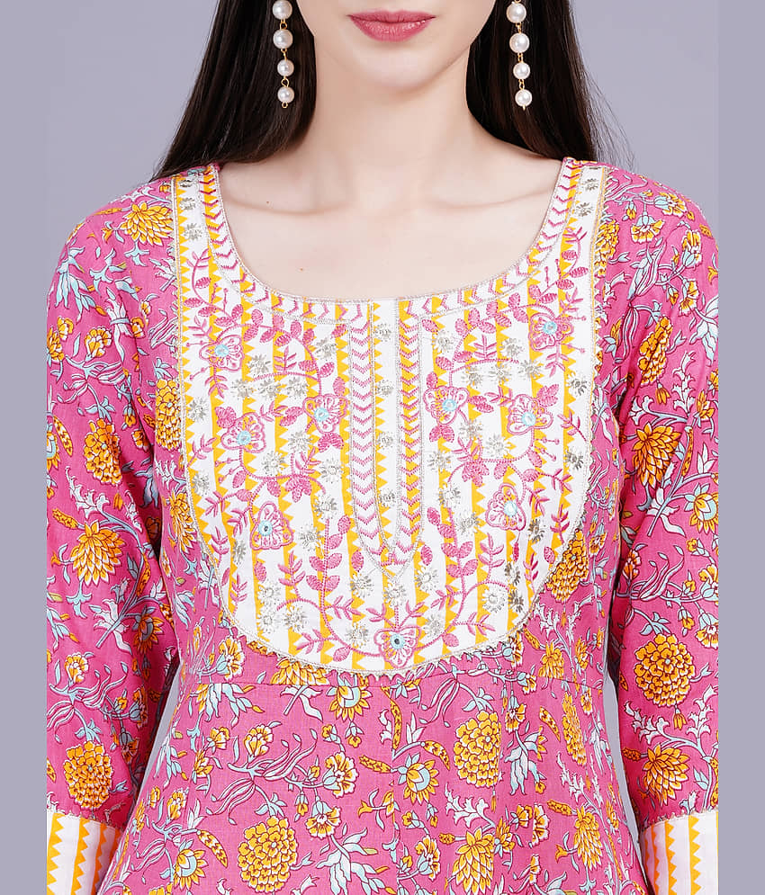 JC4U Cotton Printed Kurti With Pants Women's Stitched Salwar Suit - Pink ( Pack of 1 ) view 2