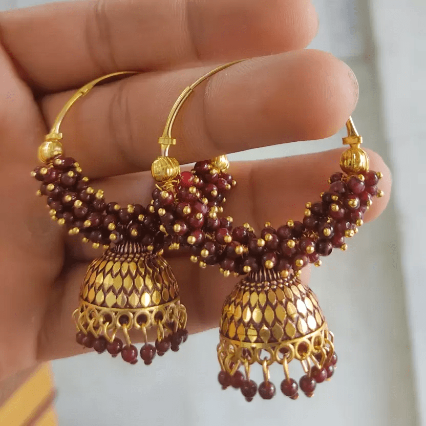 Bollywood style ethnic Maroon Color Oxidized Hoop Jhumka Earrings for Women Alloy Jhumki Earring, Drops & Danglers, Chandbali Earring, Earring Set view 2