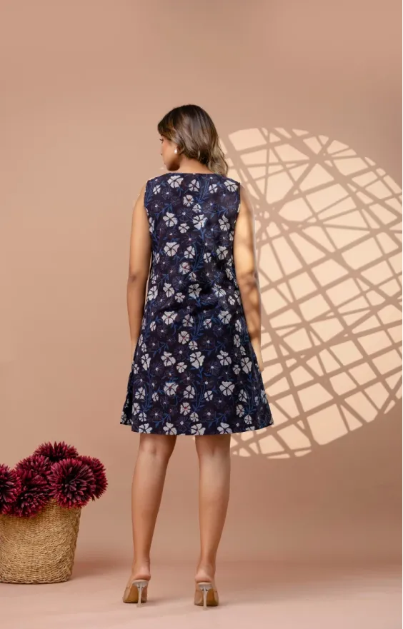 Dark Blue Indigo Hand Block Print A-Line Dress view 2