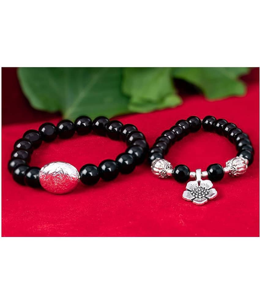 Black Onyx Stone with Silver Flower Charm and Black Onyx Stone with Silver Bead Handmade Stretchable Couple Bracelet view 2