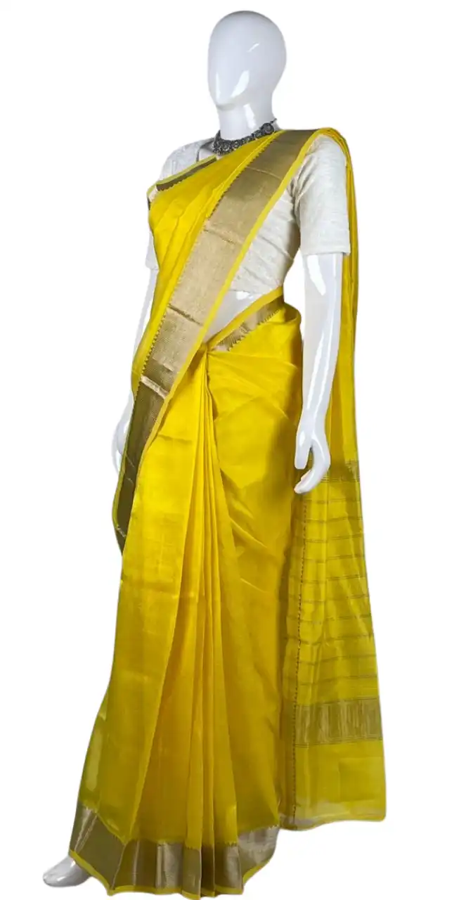 Mangalgiri Marigold Yellow Cotton Silk Saree Temple Border view 2