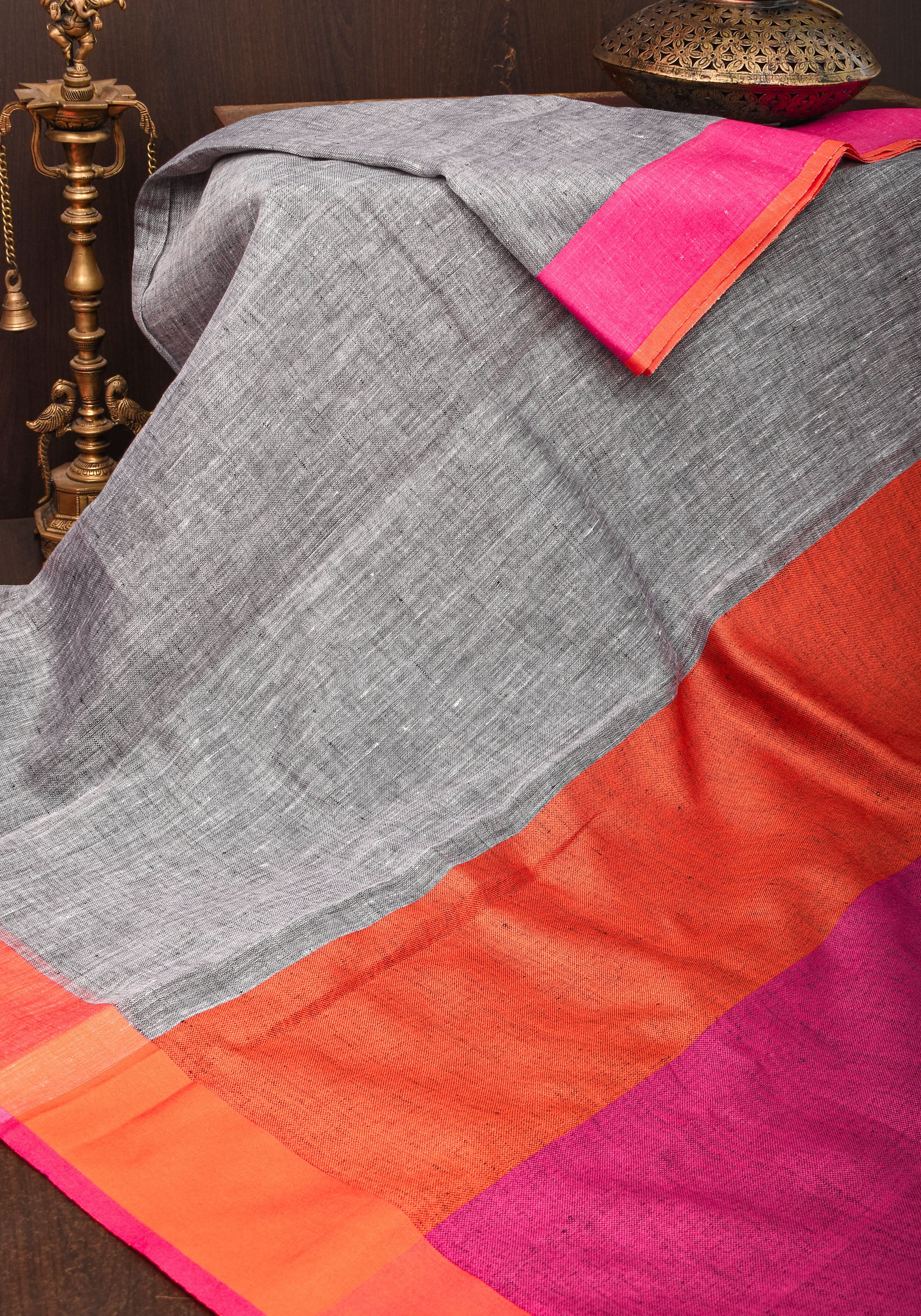 Linen by Linen Saree in Gray with Ganga Jamuna Borders view 2