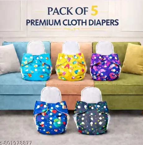 Pack of 5 with 5 Premium Insert Printed Cloth Diapers | Ultra Soft, Heavy Absorbency, Leakproof, Adjustable & Rash-Free Baby Nappies