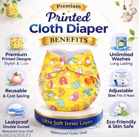 Pack of 5 with 5 Premium Insert Printed Cloth Diapers | Ultra Soft, Heavy Absorbency, Leakproof, Adjustable & Rash-Free Baby Nappies view 2