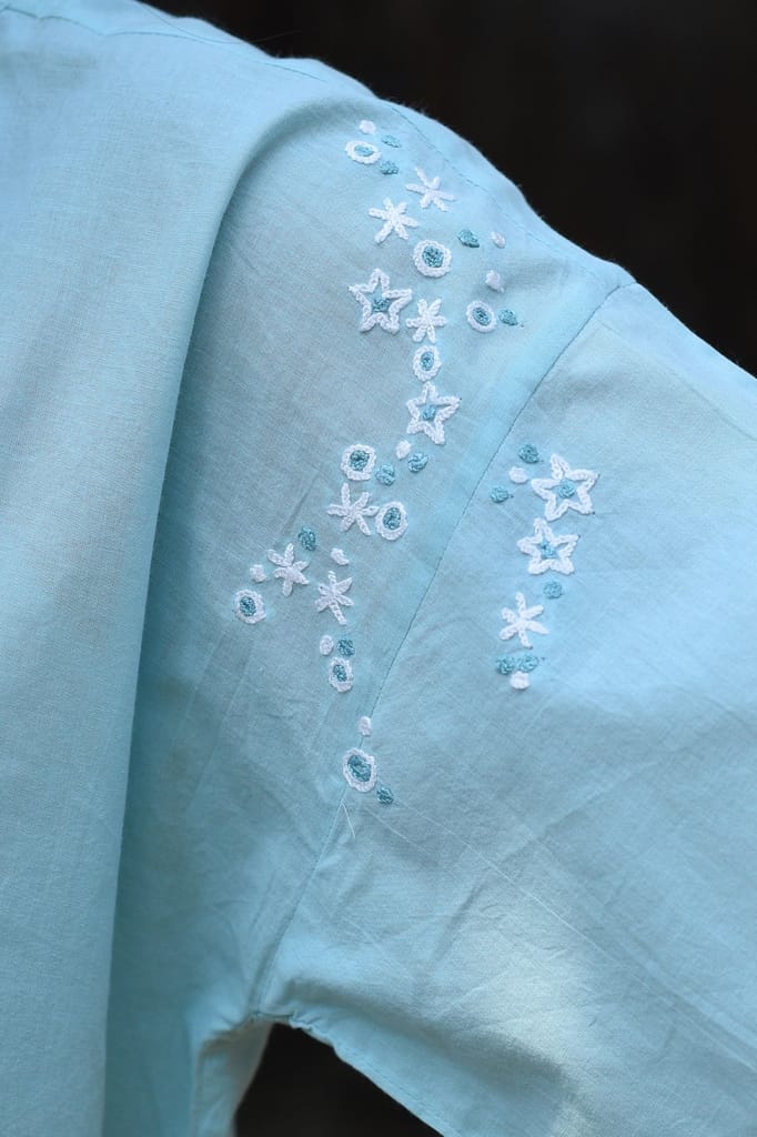 Nargis Blue Kashmiri Crewel Hand Embroidered Cotton Top. view 2