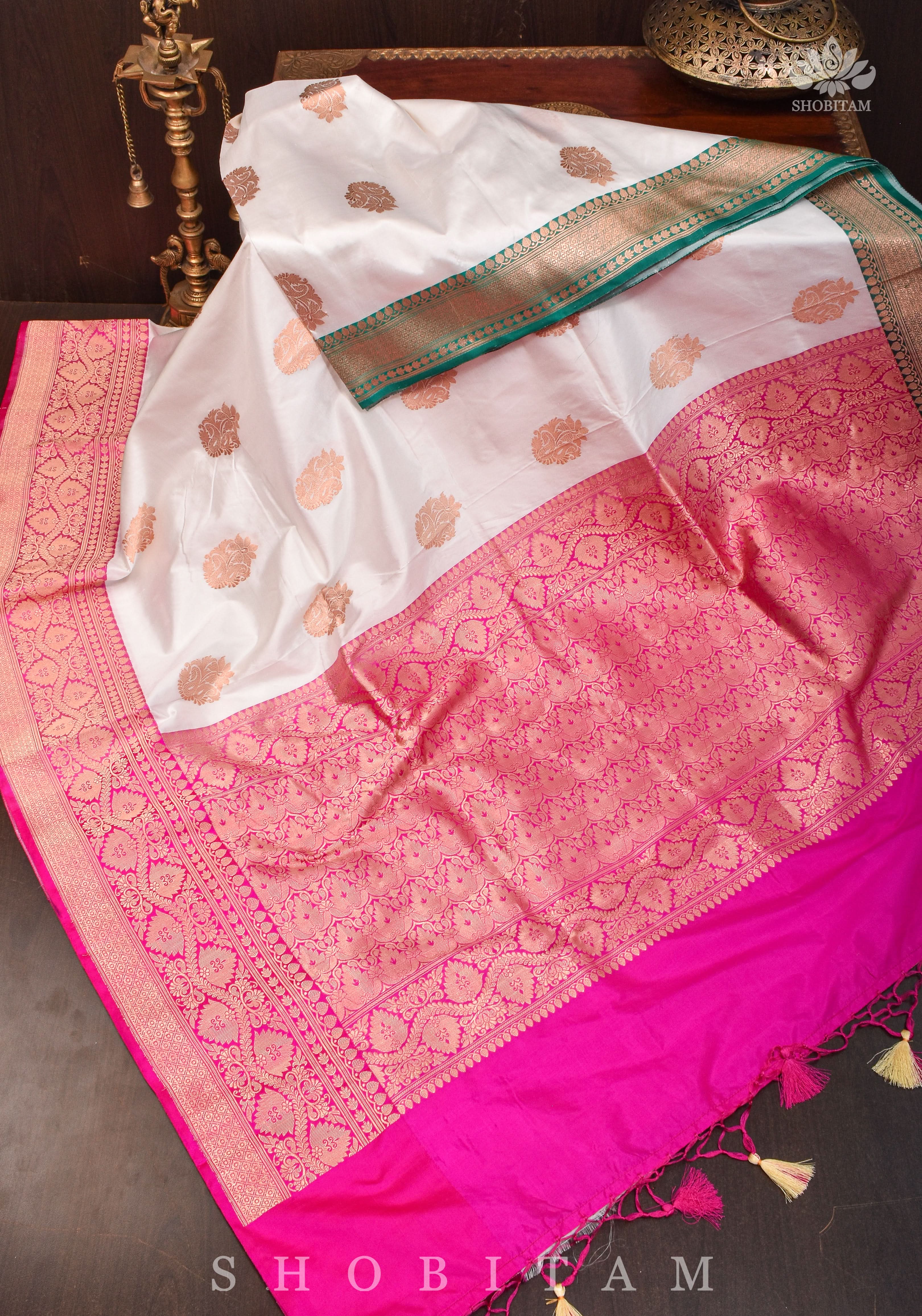 Banarasi Katan Silk Saree in Off White with Ganga Jamuna Borders | SILK MARK CERTIFIED view 2