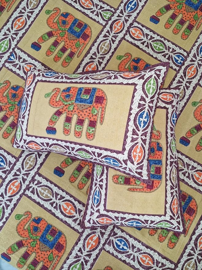 Bedsheet Handcrafted Elephant Design, 100% Cotton, Multicolour, 254 cm x 274 cm view 2