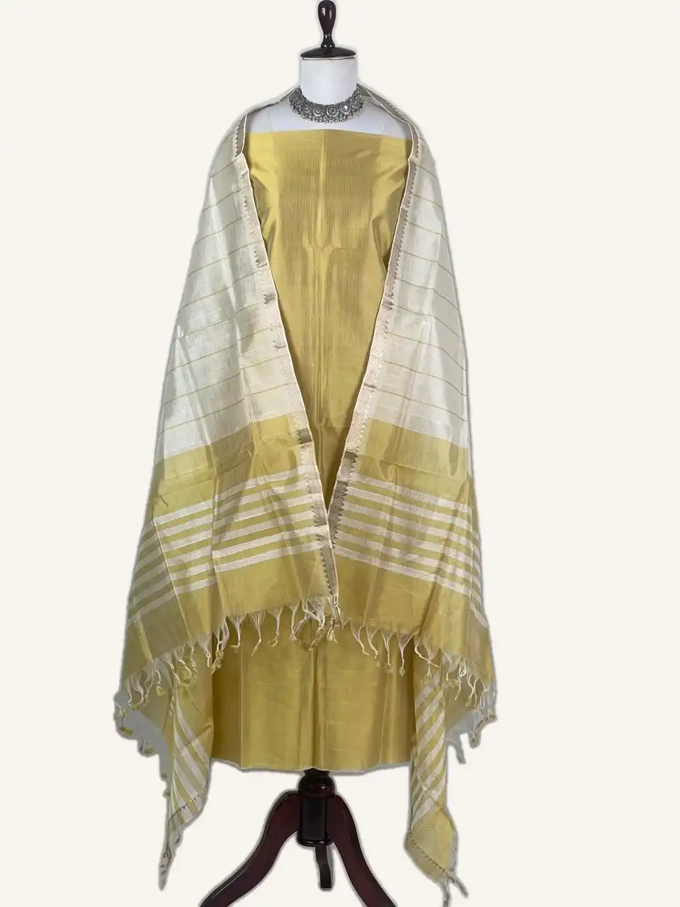 Andhra Silk Cotton Dress Material Golden Yellow Zari Stripe view 2
