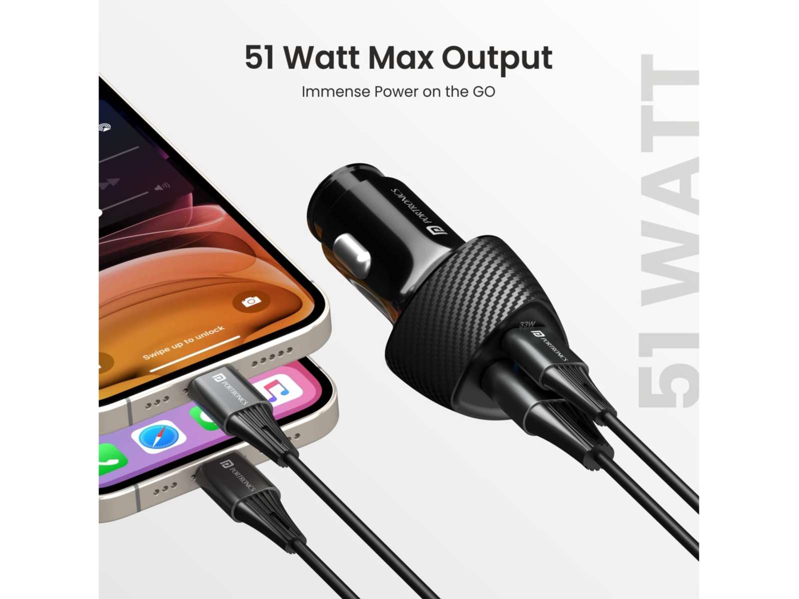 Portronics Car Power 16 Fast Car Charger with Dual Output, 51 Watts Total (18W USB + 33W Type C PD), Fast Charging, Adapter for iPhone & Android Smartphones and Tablets view 2