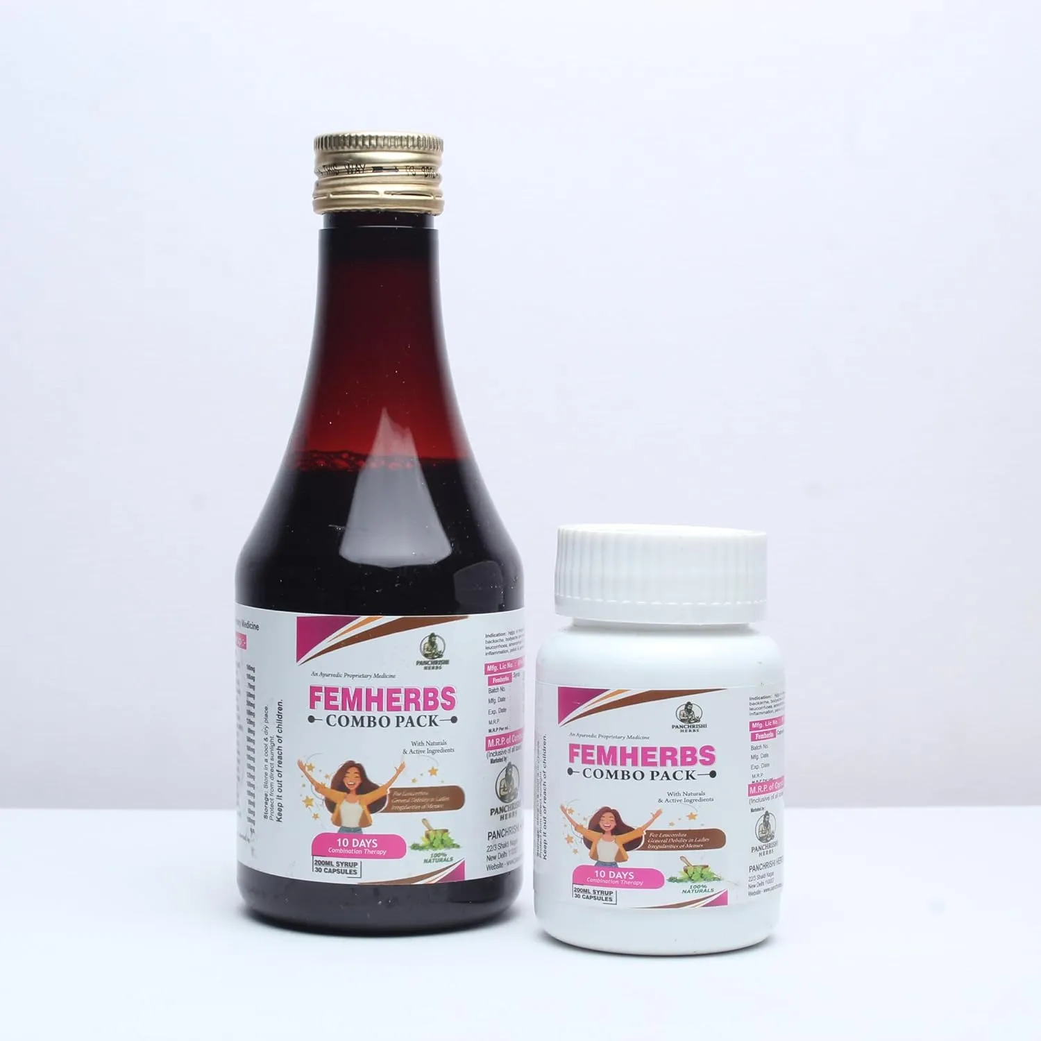 FemHerbs Combo Pack | Ayurvedic Support for Leucorrhoea, Irregular Periods & Weakness in Women | 200ml Syrup + 30 Capsules | 10 Days Combination Therapy | Natural Female Wellness Supplement view 2