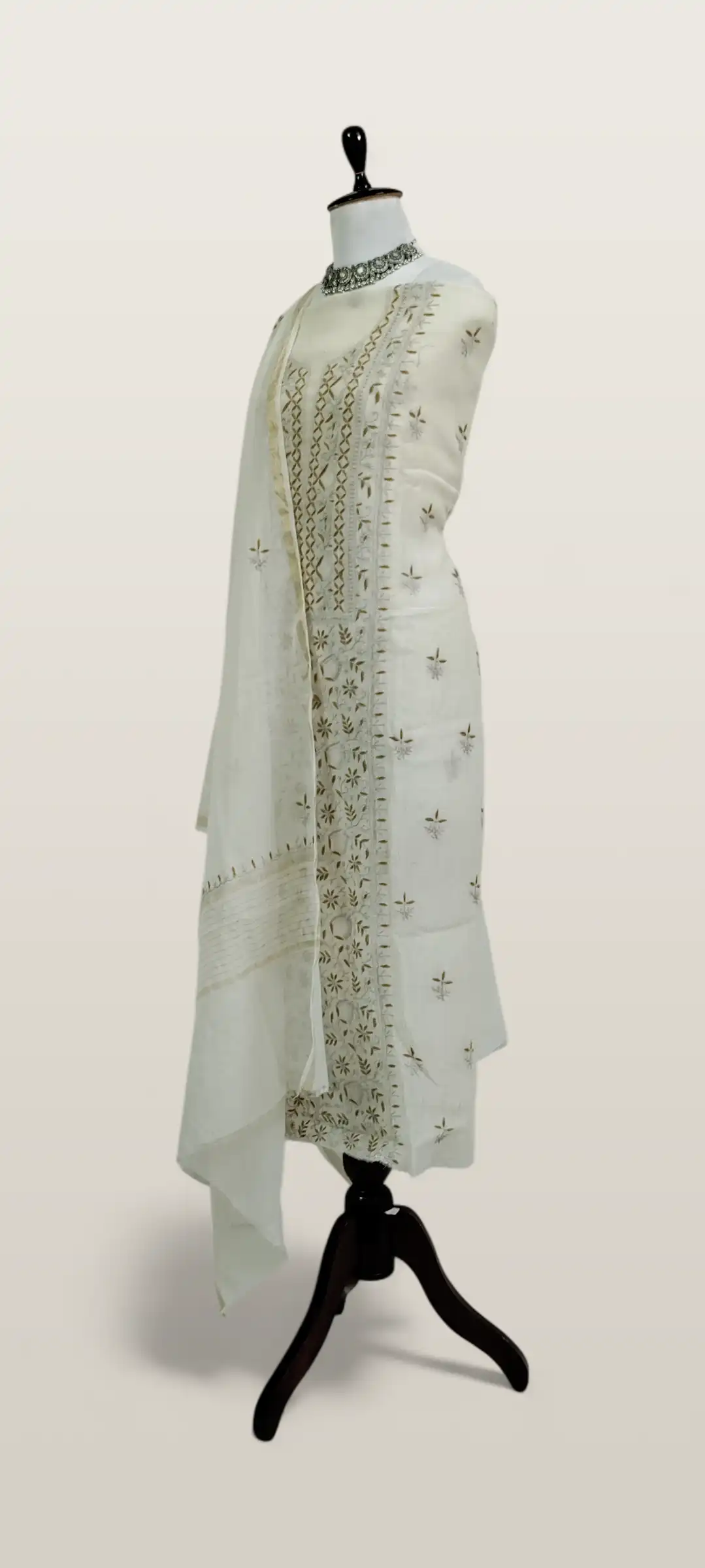 Chikankari Mul Chanderi Dress Material Ivory Tonal Floral view 2