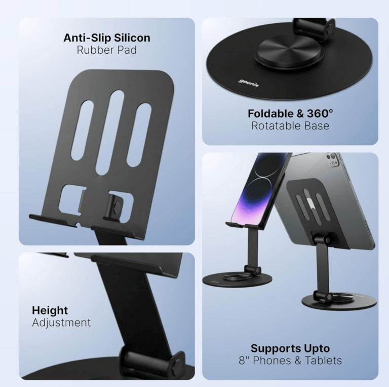 ARmaxtronics – 360° Rotatable & Foldable Mobile Phone Stand – Metallic, Adjustable Height & Angle view 2