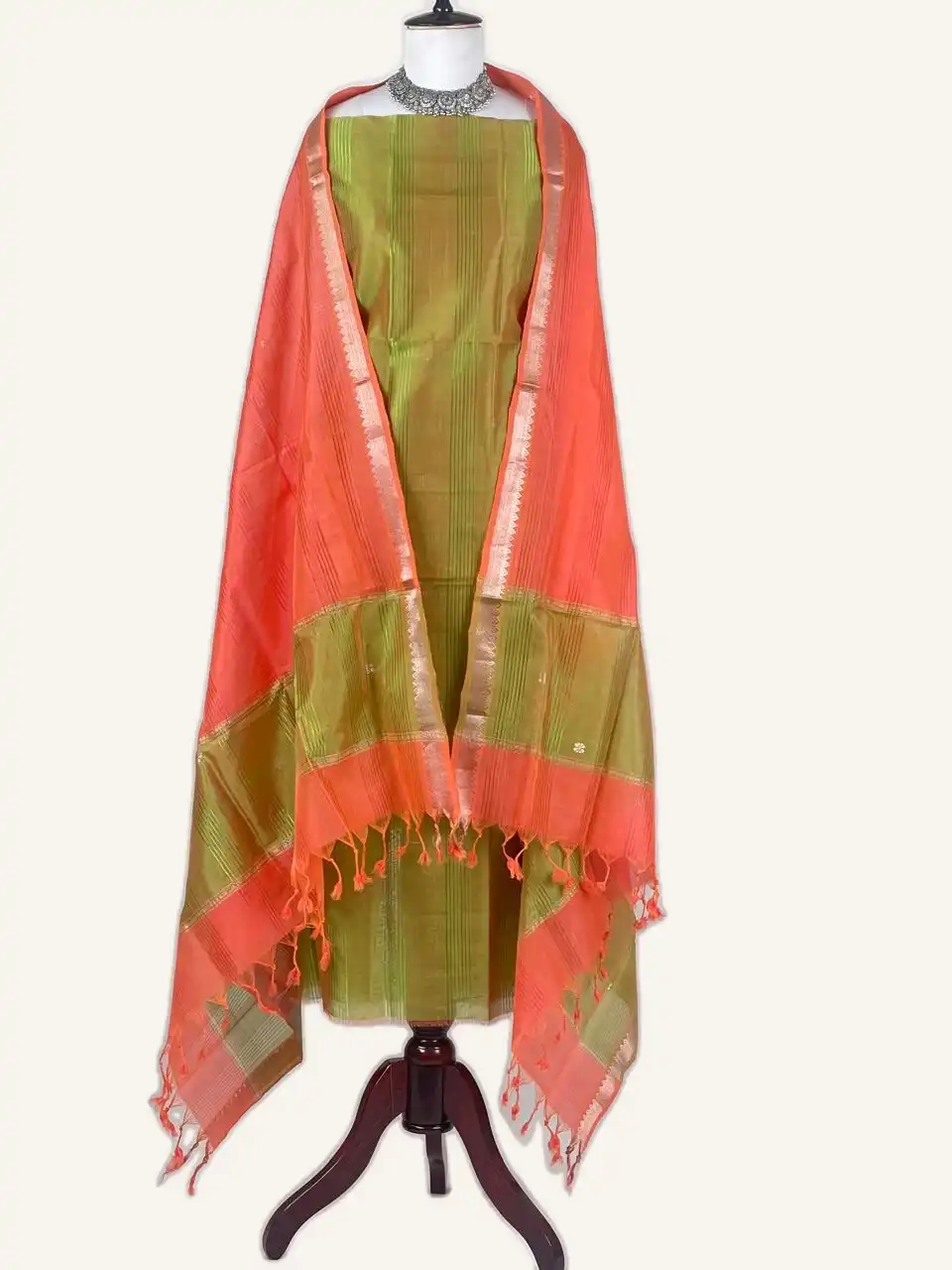 Andhra Silk Cotton Dress Material Parrot Green Zari Buti view 2