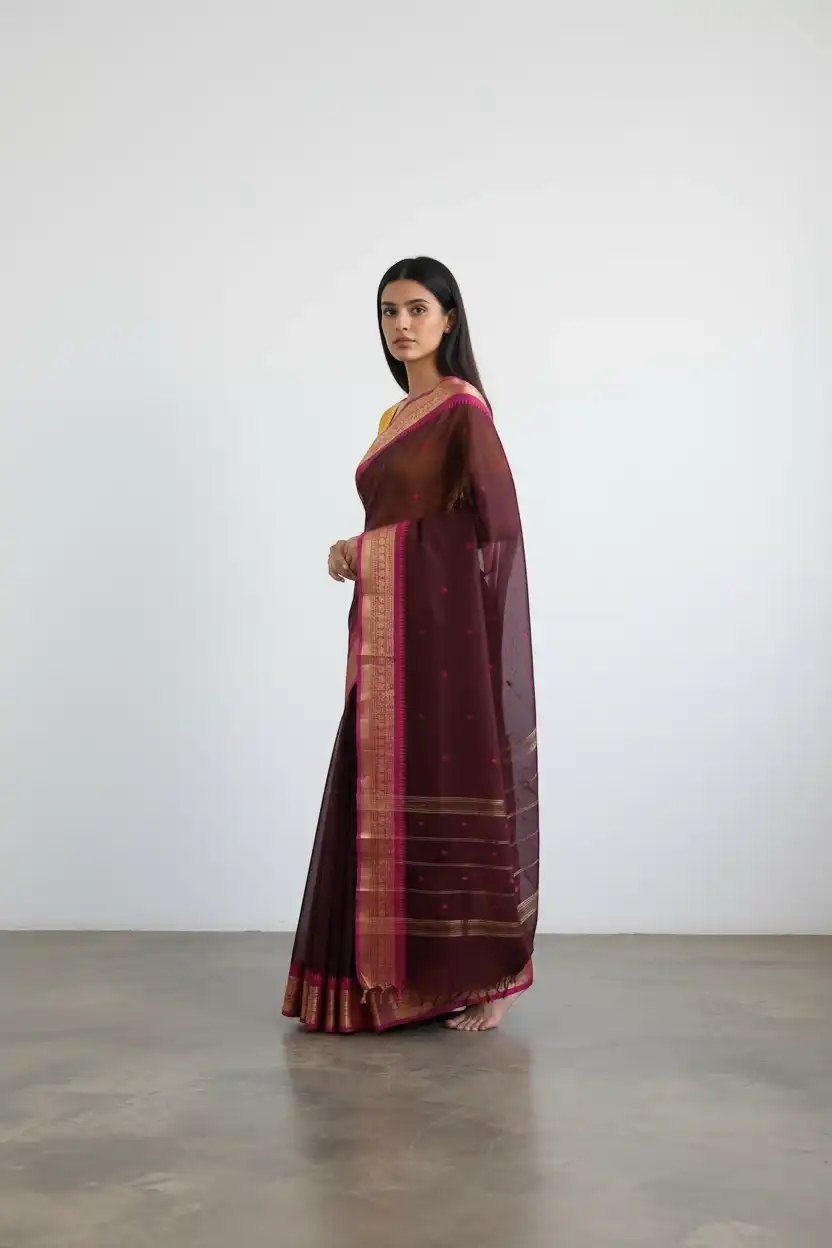 Handwoven Maroon Kanchipuram Cotton-Silk Saree with Dual Zari Borders
