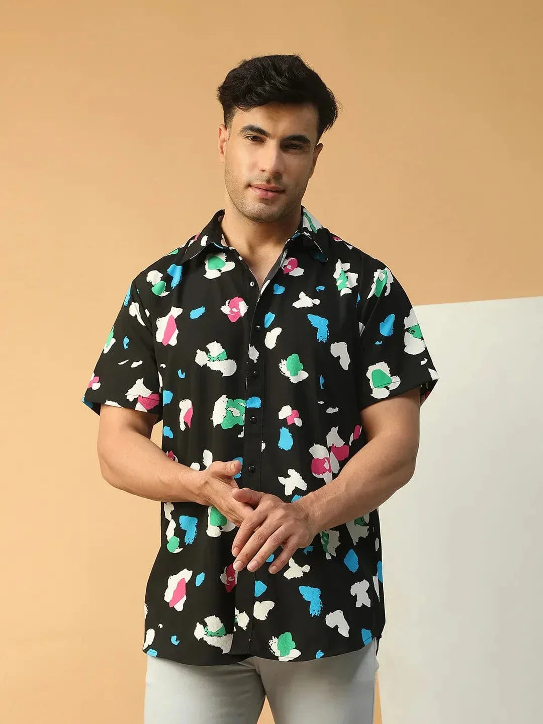 Vibe Black Abstract Print Collared Short Sleeve Men Oversized Shirt view 2