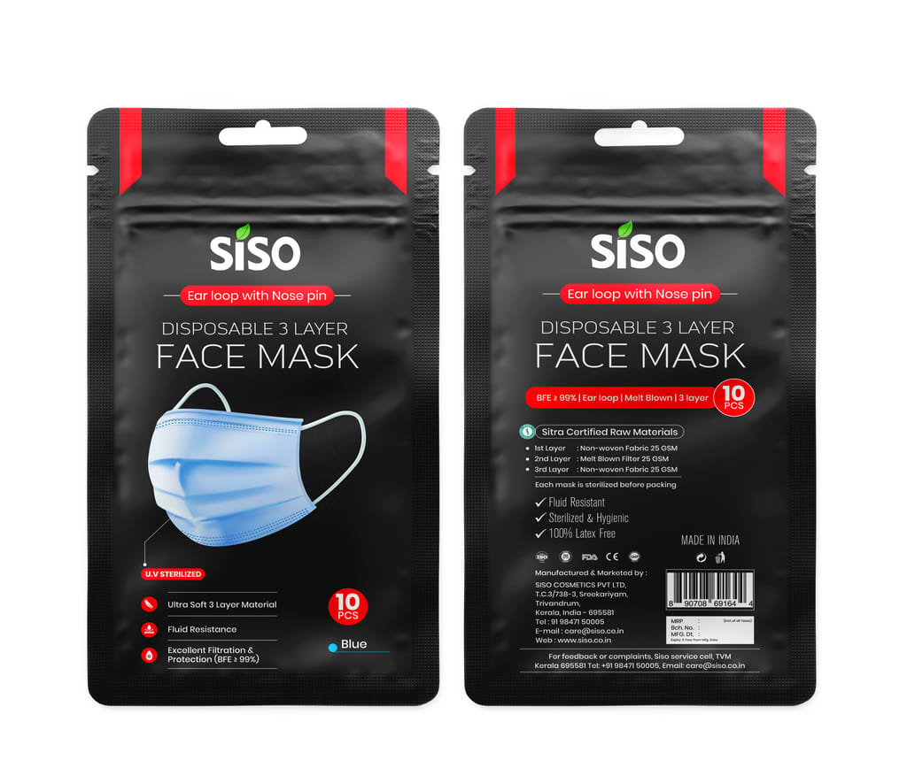 Siso 3Ply Surgical Disposable Nonwoven Fabric Face Mask Meltblown (Pack of 100) With Nose Clip Certified by CE, ISO & GMP with Bacterial Filtration Efficiency(BFE) 98%
