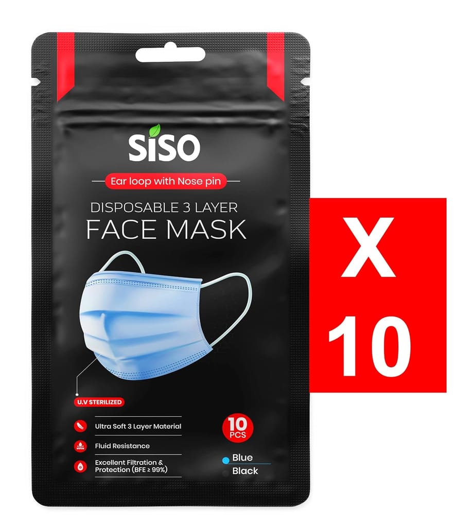 Siso 3Ply Surgical Disposable Nonwoven Fabric Face Mask Meltblown (Pack of 100) With Nose Clip Certified by CE, ISO & GMP with Bacterial Filtration Efficiency(BFE) 98% view 2