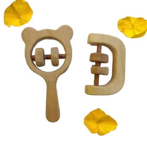 Neemtoys Pure Neem Wooden Soothing Sound Making Set of 2 Neem Wooden Rattles Mickey Head and C Shape Rattels for Babies