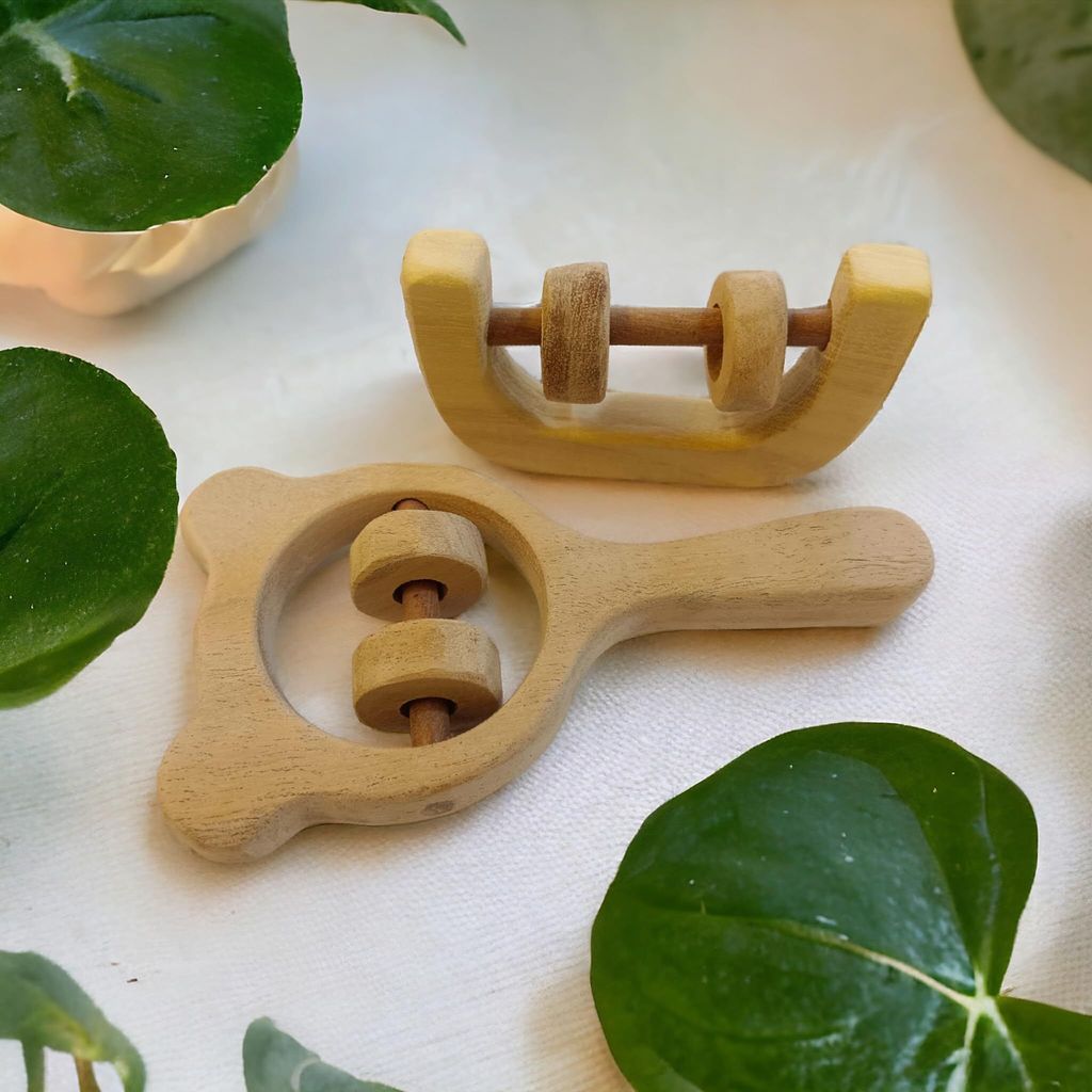 Neemtoys Pure Neem Wooden Soothing Sound Making Set of 2 Neem Wooden Rattles Mickey Head and C Shape Rattels for Babies view 2