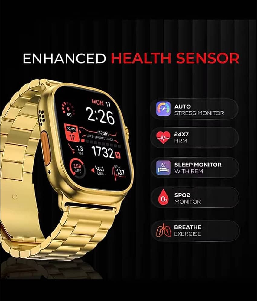 SKYRISE Ultra Max Golden Edition Smartwatch | Heart Rate | Steps | Wireless Charging Smartwatch (Golden Strap, 2.09 Inch Big Sunlight Proof Display)