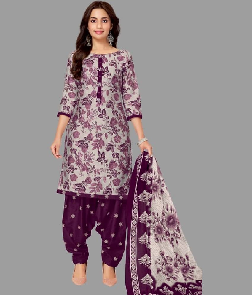 shree jeenmata collection Women Cotton Printed Straight Kurti With Patiala Salwar ( Purple ) view 2