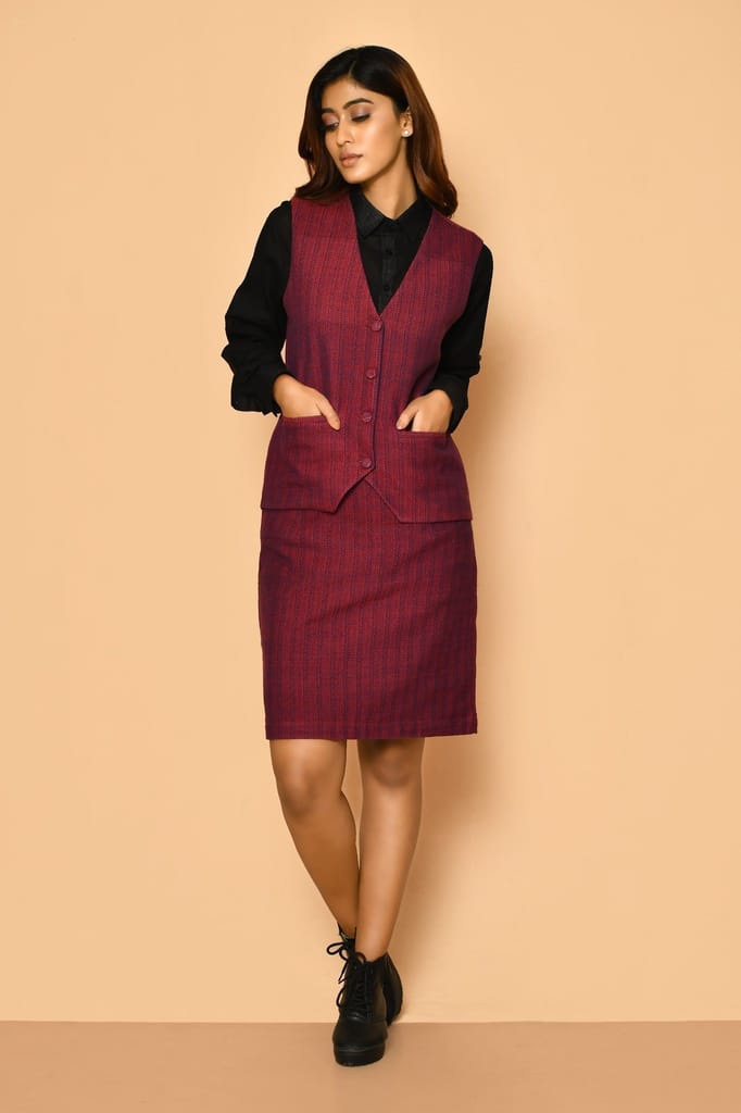 Red V-neck Handloom Cotton Jacket view 2