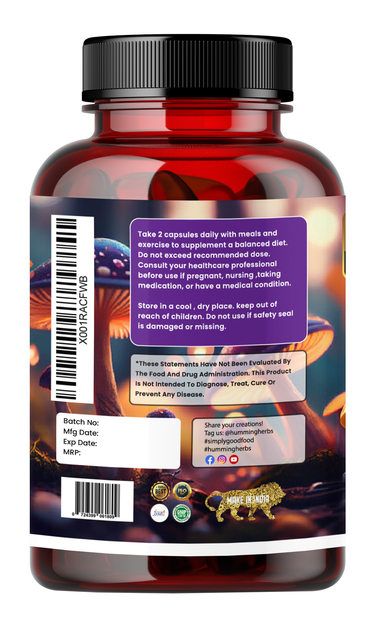 Humming Herbs Natural Mushroom Blend - 7-in-1 Immune Support Formula with Reishi, Chaga, Cordyceps Sinensis, Lion's Mane, Shiitake, Enoki, Oyster & Maitake Mushroom, 9300mg, 90 Capsules view 2