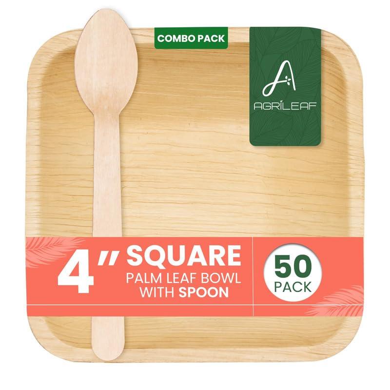 AGRILEAF Disposable Serving Bowl Set - 4 Inch Square 50 Pack [25 Pieces Bowls and 25 Pieces Spoons] Areca Palm Leaf Microwave Safe Bowls and Spoon Combo for Serving Dessert, Snacks and Ice Creams