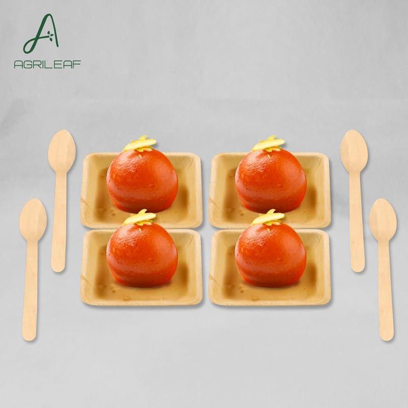 AGRILEAF Disposable Serving Bowl Set - 4 Inch Square 50 Pack [25 Pieces Bowls and 25 Pieces Spoons] Areca Palm Leaf Microwave Safe Bowls and Spoon Combo for Serving Dessert, Snacks and Ice Creams view 2