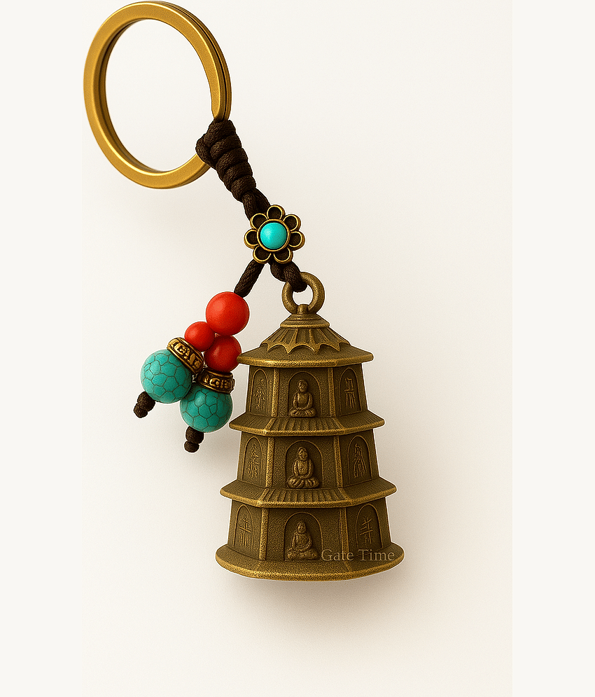 Brass Pagoda Guardian Bell with Multi-layer Buddha Design for Protection, Good Luck charm for riders and Gifting Purpose view 2