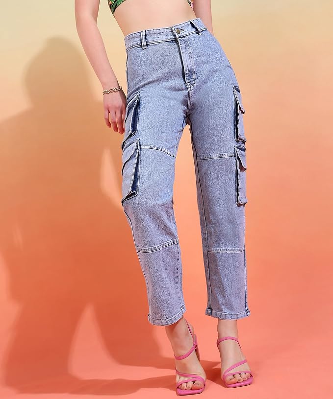 Glossia Fashion Light Blue Women Cargo Jeans | High Waist Stretchable Wide Leg Straight Fit Denim| Boyfriend Jeans for Women - 38 view 2