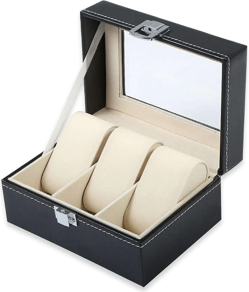sakimo Premium 3-Slot Watch Box for Men & Women | PU Leather Watch Storage Case with Glass Display, Velvet Interior & Metal Lock view 2