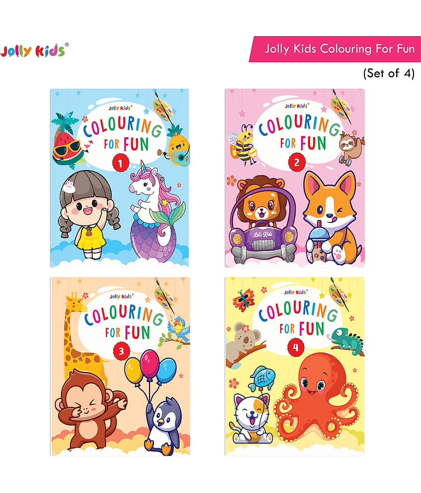 Jolly Kids Colouring for Fun Books A| Set of 4| Each Book 64 Images|Colouring & Painting Books for Kids|Ages 3-8 Year