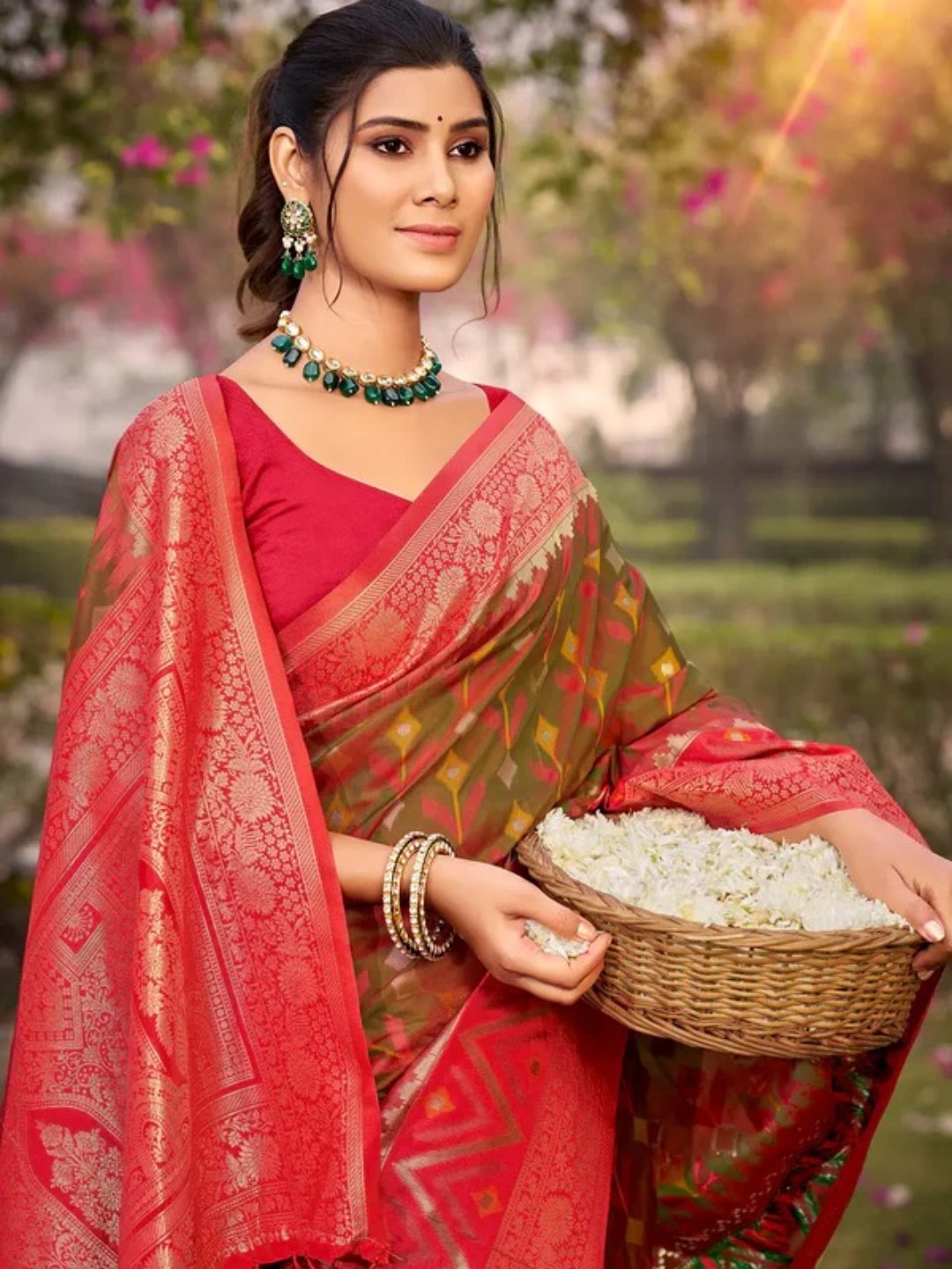 Moss Green Silk Saree view 2