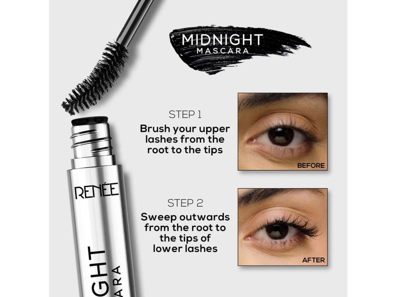 RENEE Midnight Mascara with Unique 360-Degree Wand, Darkest Black, Clump-Free & Long-Lasting Formula, Volumizes, Lengthens & Nourishes, Infused with Vitamin E, 8ml view 2