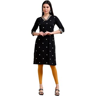 JADIIDA Beautiful Embroidery Women Cotton Silk A-line Kurta (black)