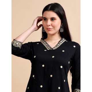 JADIIDA Beautiful Embroidery Women Cotton Silk A-line Kurta (black) view 2