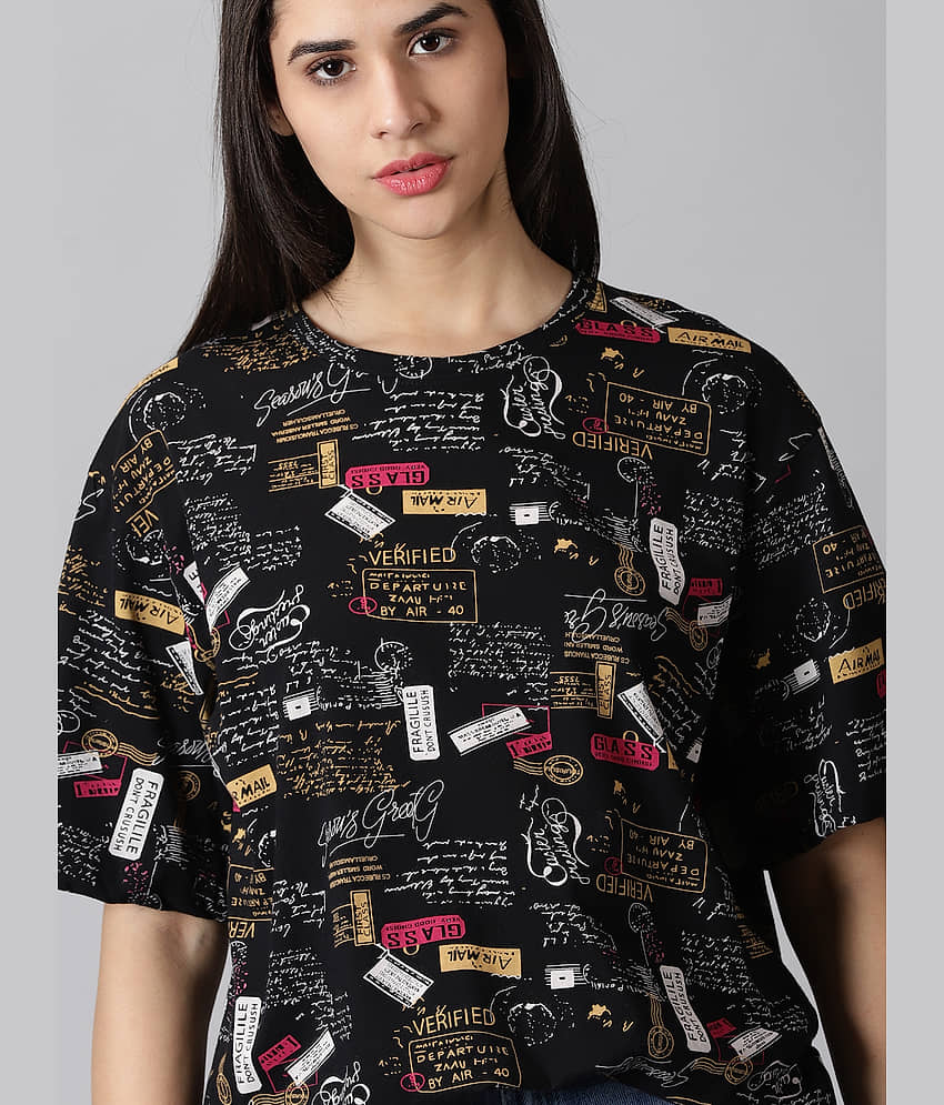 RodZen Women Cotton Printed Oversized Fit Round Neck T-Shirt ( Black ) view 2