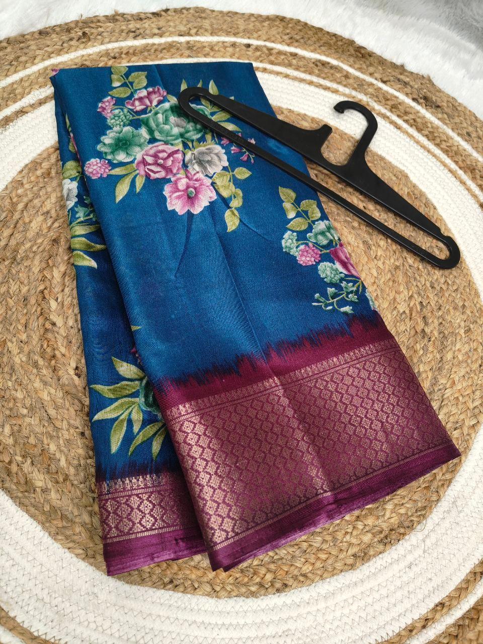 Flower Printed dola silk saree with blouse view 2