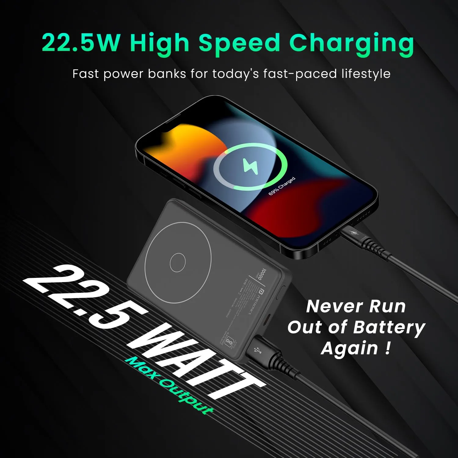Portronics Luxcell Wireless Mini 10K 10000mAh Magnetic Wireless Power Bank | 15W MagSafe-Compatible Wireless Charging, 22.5W Wired Fast Charging, Ultra-Compact Nano Power Bank for iPhone 12 & Above and Qi-Enabled Devices (Random Color) view 2