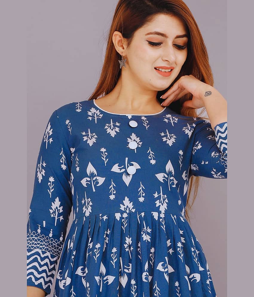 EXPORTHOUSE Women Cotton Blend Printed Anarkali Kurti ( Light Blue ) view 2