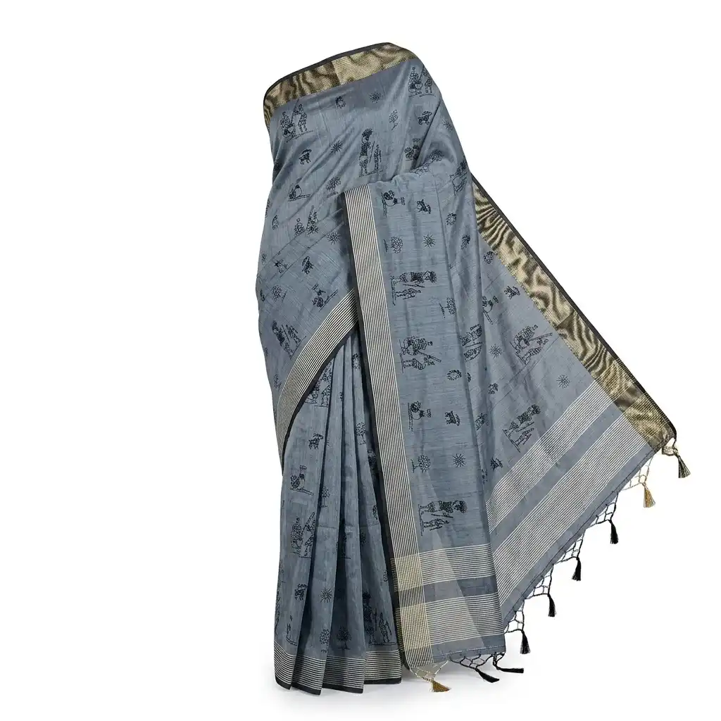 Sambalpuri Gray Blue Folk Heritage Handloom Saree