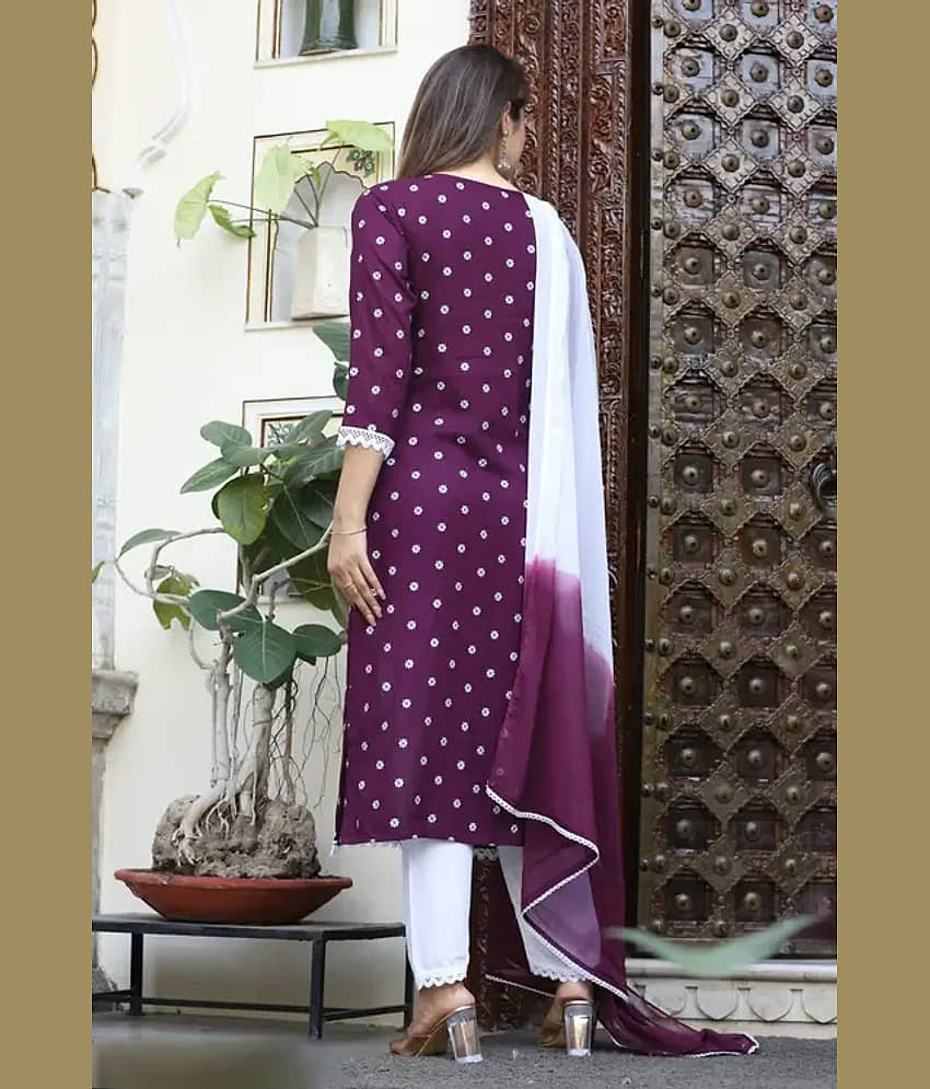 anushansa Women Viscose Embroidered Straight Kurti With Pants ( Purple ) view 2