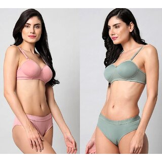 (Pack Of 2) - B Cup Padded | DoctorLingerie - Bra Panty Set - Solid Pink, Green Lingerie Set view 2