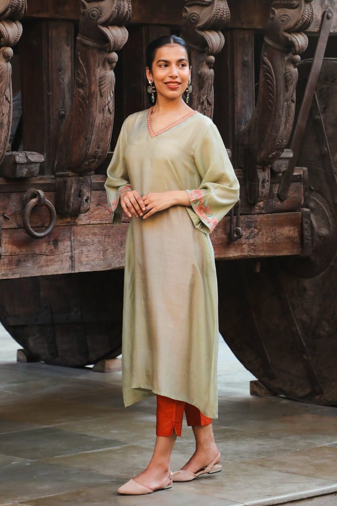 Juhi Pista Green Kurta Cum Dress With Crewel Embroidery view 2