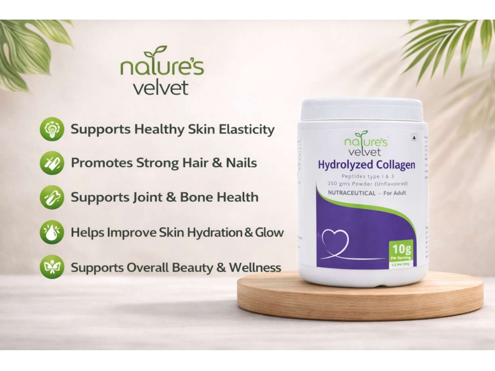 Natures Velvet Collagen Powder, Hydrolysed Peptides for Skin, Hair & Joint Support 250g view 2