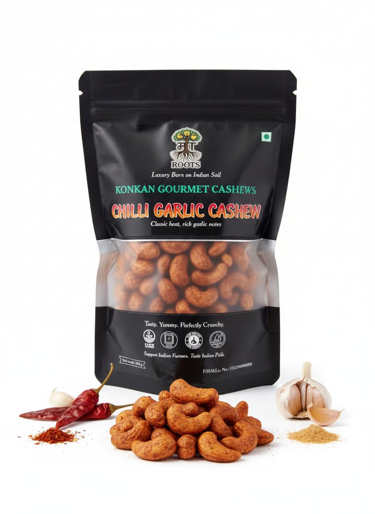 Maa Roots Chilli Garlic Cashews 200g | Spicy Garlic Flavoured Konkan Cashews | Premium Whole Kaju | Bold & Savoury Healthy Snack view 2