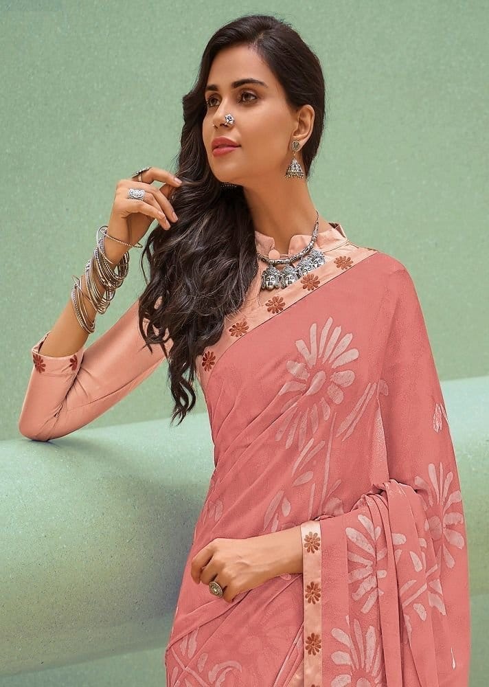 Printed Georgette Saree in Peach view 2