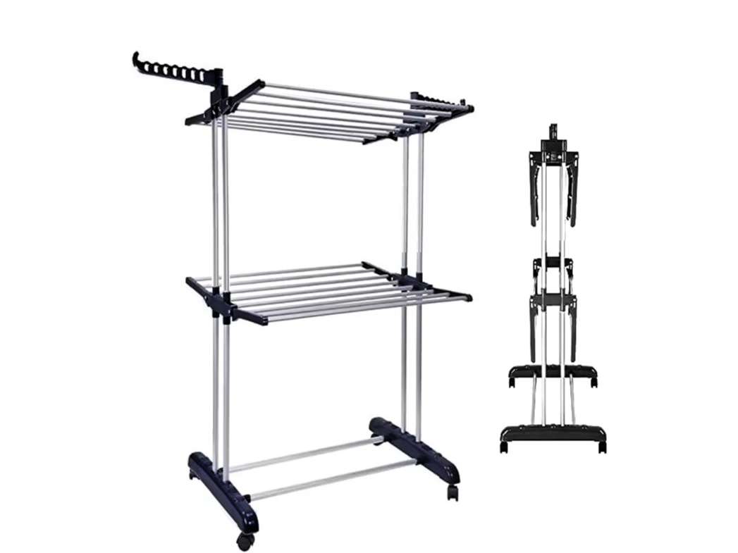 Clothes Drying Stand - 2 Tier (With 10 Clips), Stainless Steel, with Wheels view 2