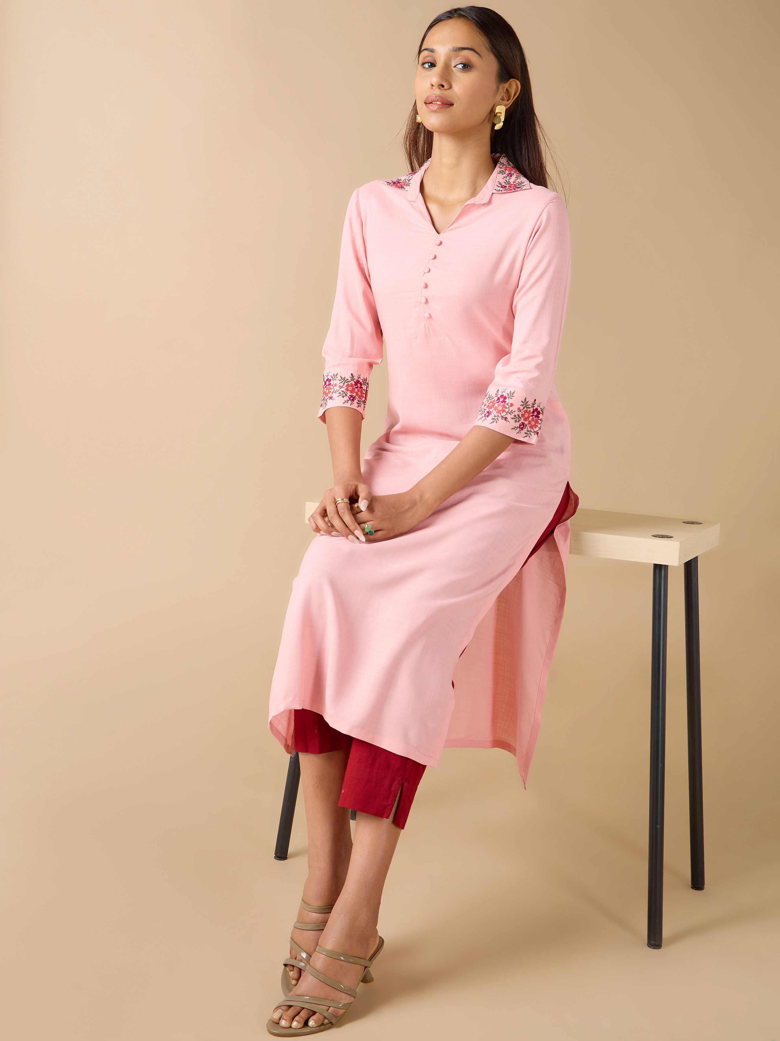 Baby Pink Viscose Slub Kurti With Cross Stitch Embroidery view 2